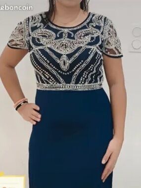 Dress for weddings special occasion Navy Evening Dress with Silver Beaded Bodice